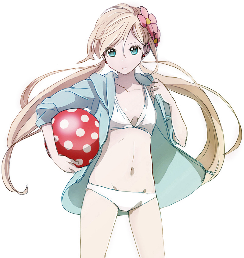 aqua_eyes ball beachball bikini blonde_hair flower hair_flower hair_ornament hoodie long_hair open_hoodie original parka sleeves_rolled_up solo swimsuit tanedahiwa_(carduelini) twintails