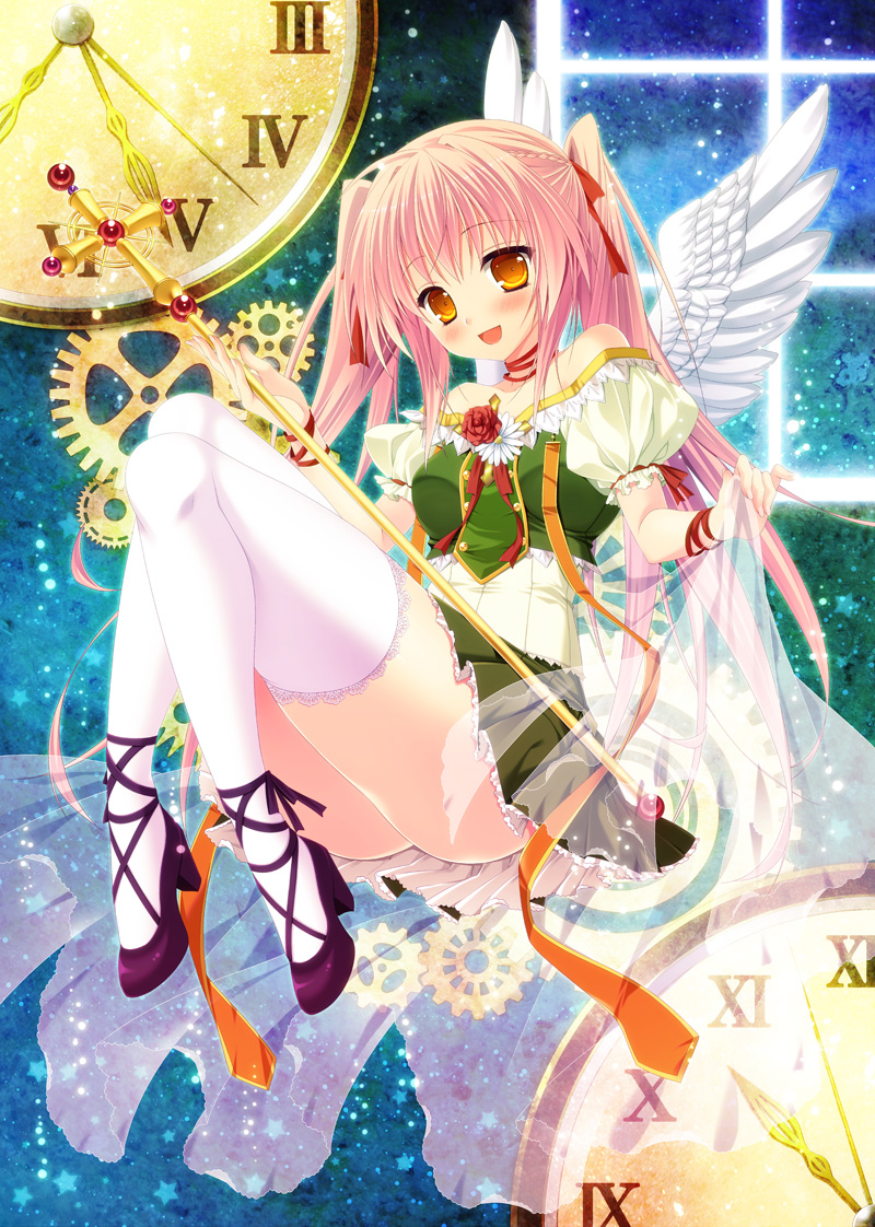 :d alm blush clock dress holding lace lace-trimmed_thighhighs legs long_legs minatsuki_alumi open_mouth orange_eyes original pink_eyes roman_numerals short_hair smile solo staff thigh-highs thighhighs thighs twintails white_legwear wings