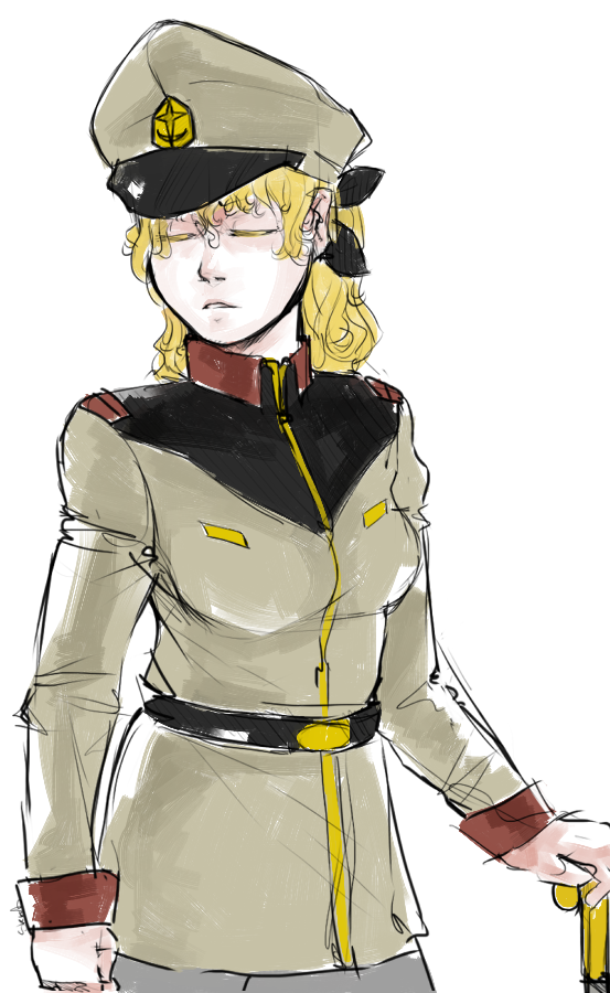 1girl blonde_hair closed_eyes crossover eyes_closed gundam hair_ribbon hat katawa_shoujo long_hair military military_uniform mobile_suit_gundam peaked_cap ponytail ribbon satou_lilly skrats solo uniform walking_stick zeon