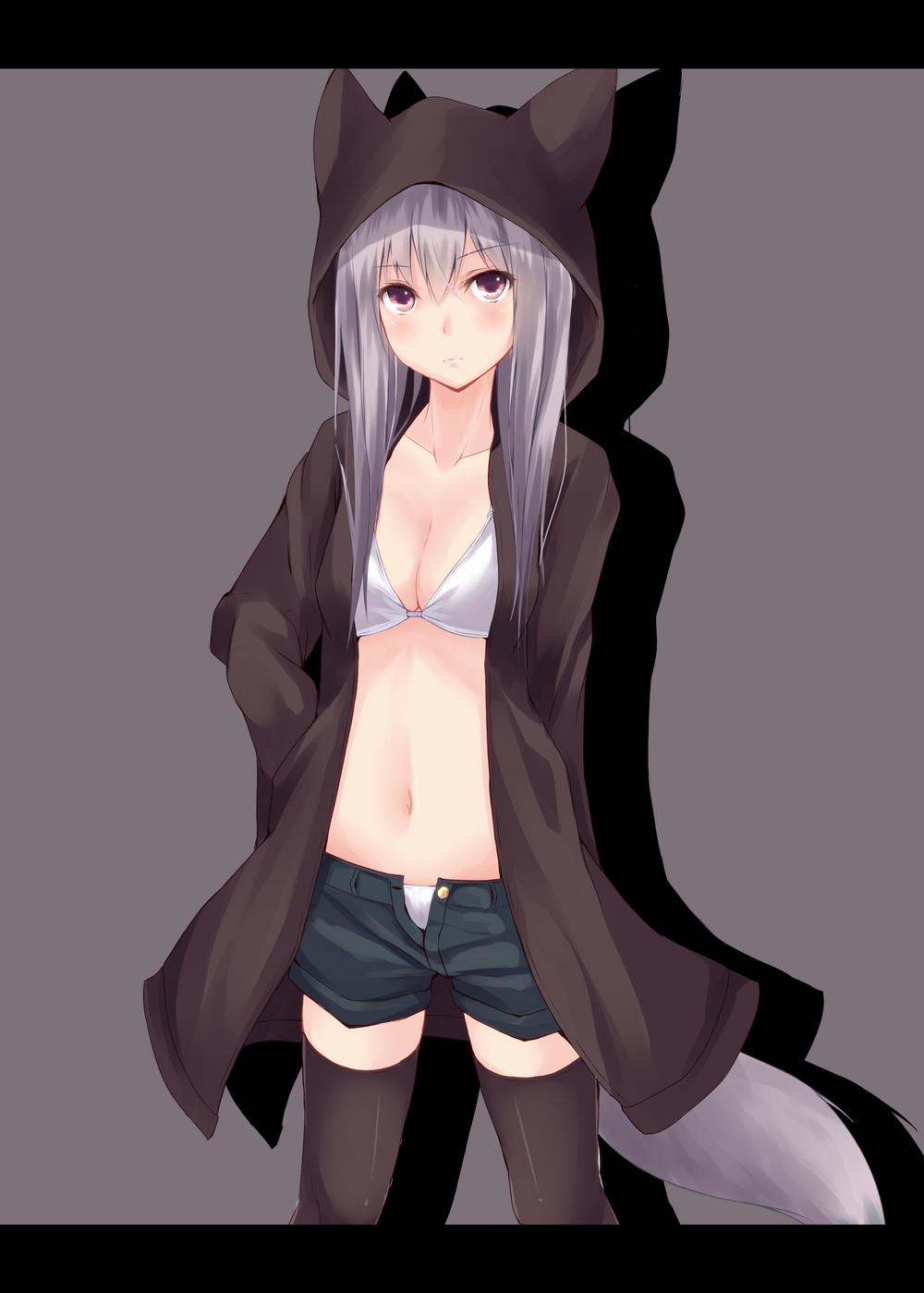 bikini bikini_top black_legwear blush breasts cat_hood cleavage fox_tail grey_hair highres hood hoodie letterboxed long_hair looking_at_viewer navel open_shorts original pink_eyes second_heaven short_shorts shorts solo swimsuit tail thigh-highs thighhighs unbuttoned