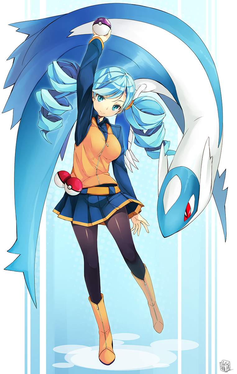 ace_trainer_(pokemon) black_legwear blue_eyes blue_hair boots drill_hair highres hinasaki holding holding_poke_ball latios long_hair master_ball pantyhose poke_ball pokemon pokemon_(game) pokemon_bw skirt smile twin_drills waist_poke_ball