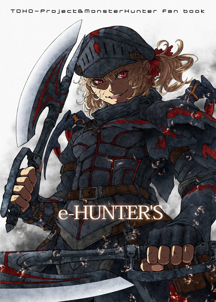 alternate_costume armor axe belt beret black_gloves blonde_hair breastplate capelet cross dual_wielding english fangs faulds fingerless_gloves flandre_scarlet gloves hair_ribbon hat imizu_(nitro_unknown) long_hair monster_hunter open_mouth plate_armor ponytail pouch red_eyes ribbon short_hair side_ponytail simple_background smile solo sword text touhou vambraces visor_(armor) weapon wings