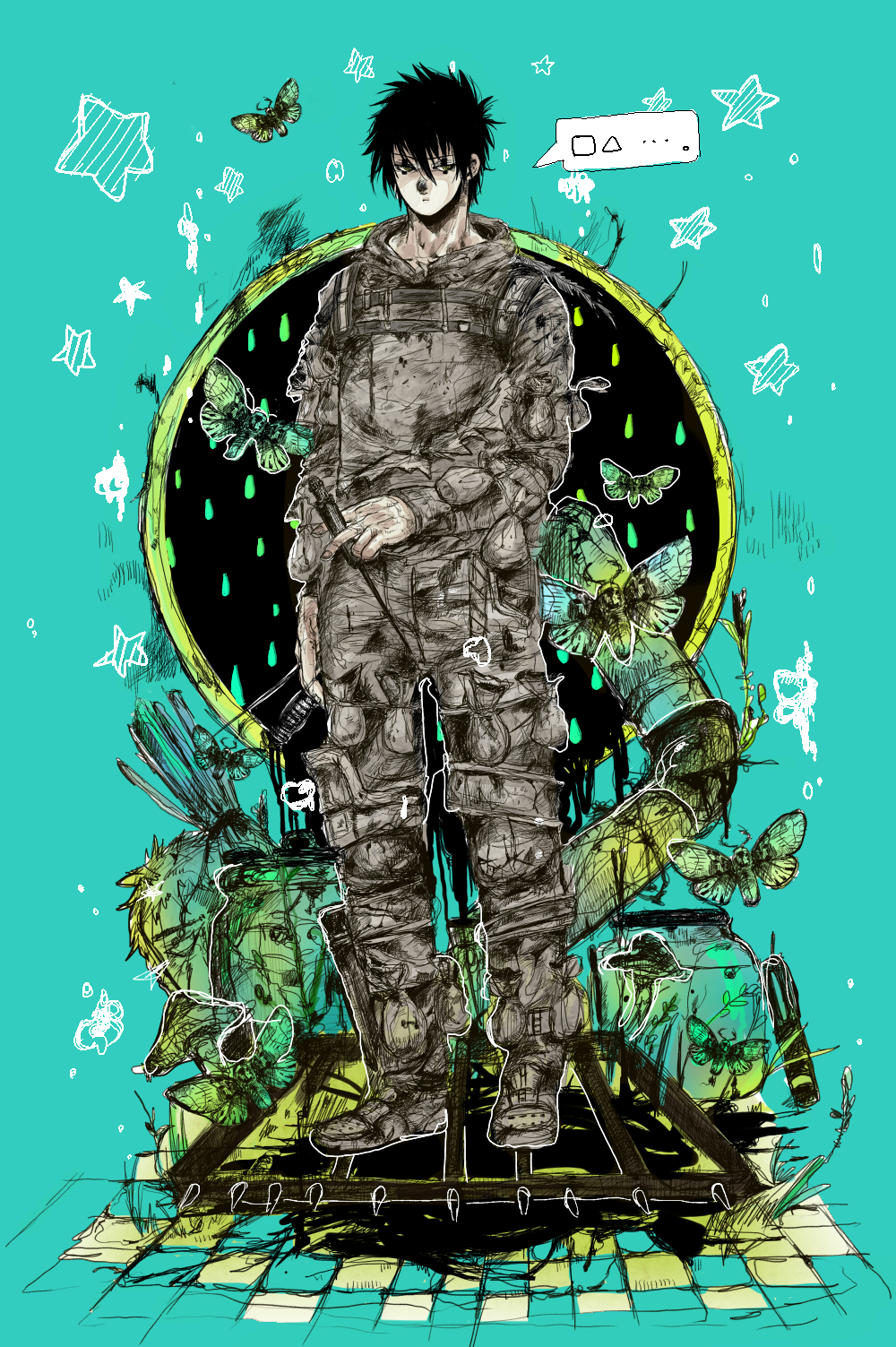 black_hair dokuga dorohedoro grass highres hoodie insect knee_pads knife male moth mushroom overgrown pipes plant rough sack serious solo star tattoo