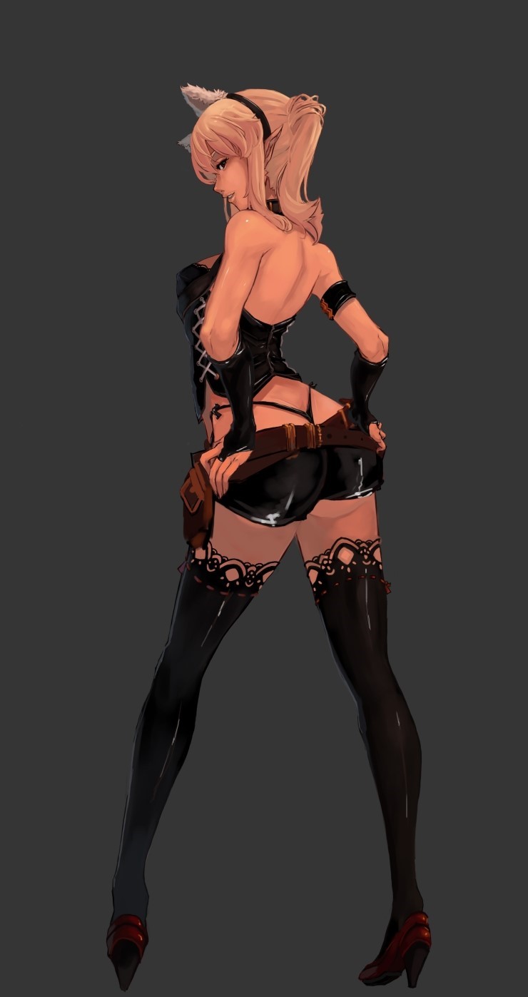 animal_ears ass back bare_shoulders belt black_legwear blonde_hair brown_eyes choker copyright_request fake_animal_ears from_behind game_cg hairband hands_on_hips high_heels highres lace lace-trimmed_thighhighs legs lips looking_back panties parted_lips pointy_ears ponytail qbspdl shoes short_shorts shorts solo thigh-highs thighhighs thong underwear