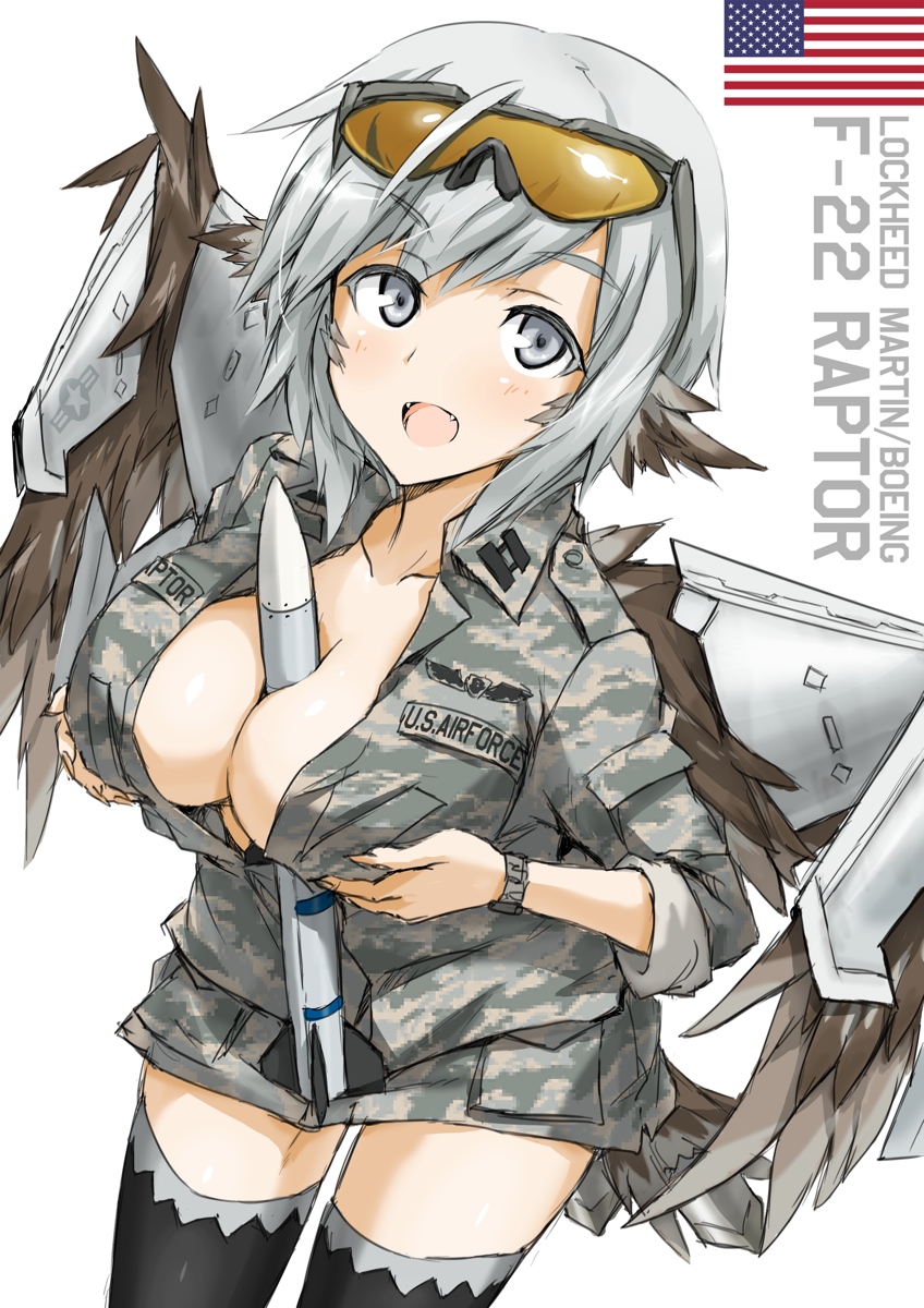 between_breasts breasts f-22 fangs highres military military_uniform missile ogitsune_(ankakecya-han) original personification short_hair silver_eyes silver_hair sunglasses thigh-highs thighhighs uniform watch weapon_bay wings