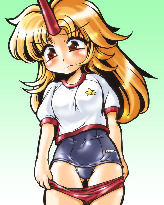 blonde_hair buruma gradient gradient_background green_background gym_uniform horn hoshiguma_yuugi long_hair one-piece_swimsuit red_eyes school_swimsuit shirt solo star swimsuit swimsuit_under_clothes touhou winn