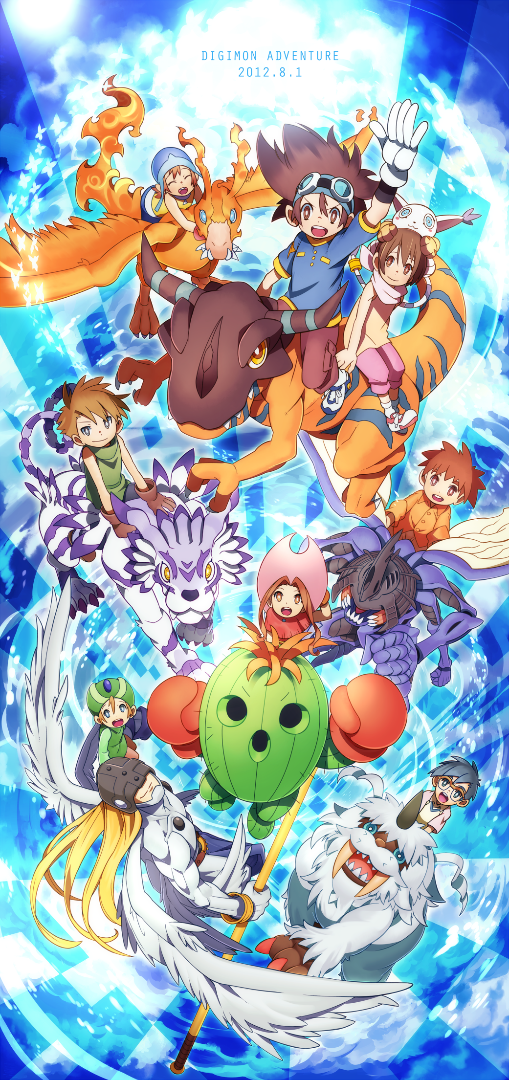 angel_wings angemon anniversary birdramon blonde_hair blue_eyes blue_hair brown_eyes brown_hair claws closed_eyes digimon digimon_adventure everyone extra_arms eyes_closed fangs garurumon glasses gloves goggles greymon hajime_(hajime-ill-1st) hat helmet highres horn horns ikkakumon insect_wings ishida_yamato izumi_koushirou kabuterimon kido_jou long_hair monster multiple_arms open_mouth red_eyes sharp_teeth short_hair smile staff tachikawa_mimi tail tail_ring tailmon takaishi_takeru takenouchi_sora title_drop togemon tusks wings yagami_hikari yagami_taichi yellow_eyes