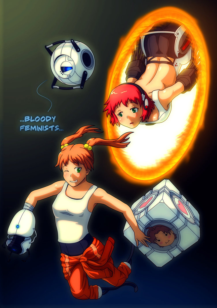amputee aperture_science_handheld_portal_device artist_request ass back breasts chell chell_(cosplay) cleavage cosplay down_blouse glados glados_(cosplay) green_eyes hair_bobbles hair_ornament ibarazaki_emi jumpsuit katawa_shoujo multiple_girls nakai_hisao orange_hair portal portal_2 prosthesis red_hair redhead tank_top tezuka_rin twintails upside-down weighted_companion_cube wheatley wink