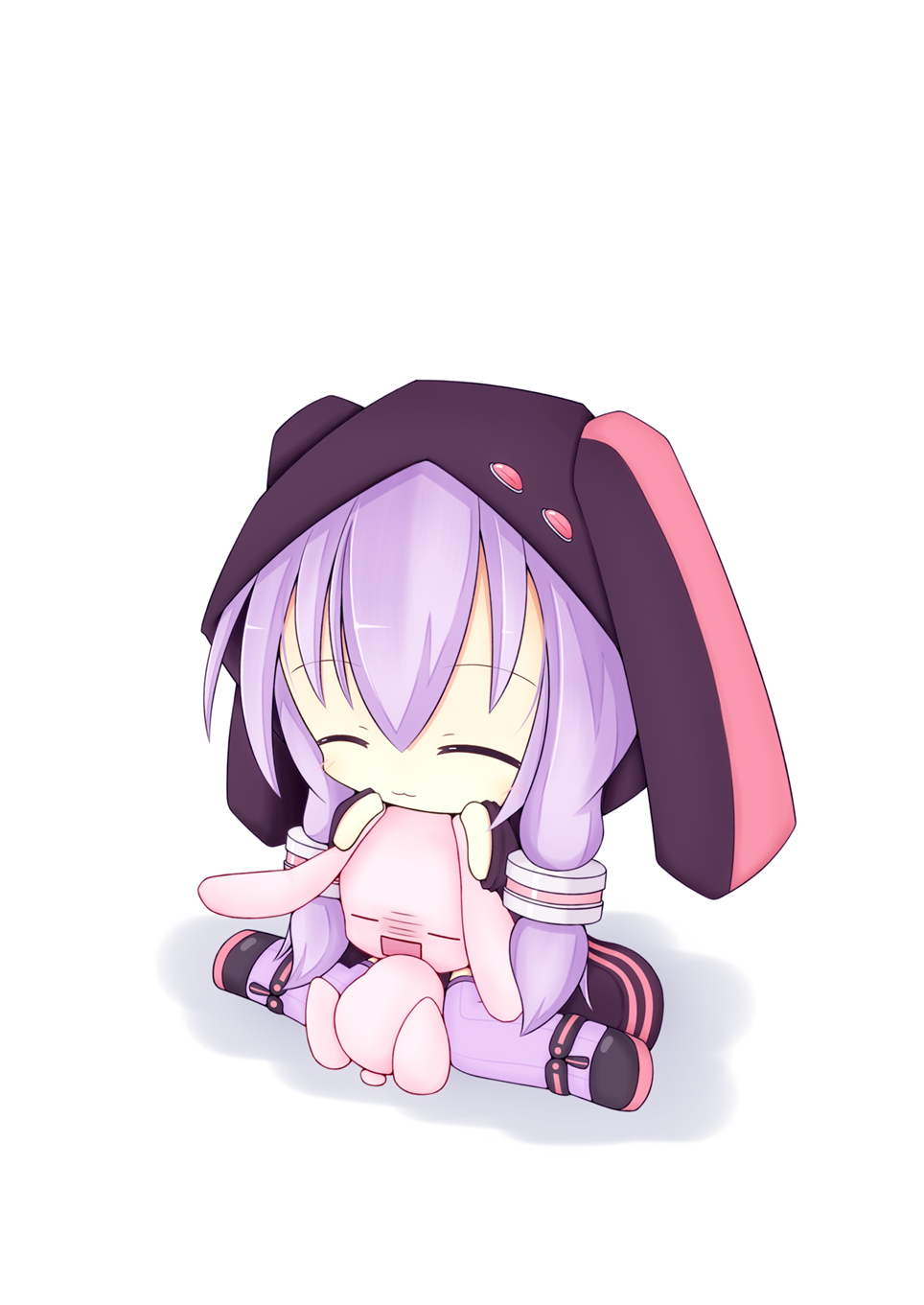 :3 bunny chibi closed_eyes doll eyes_closed highres holding hoodie miiya_(kuroi_hako) purple_hair rabbit sitting thigh-highs thighhighs vocaloid yuzuki_yukari