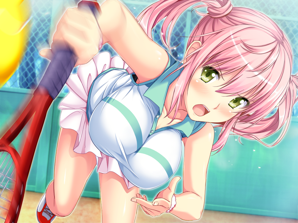 &gt;:o ball blush breasts collarbone fence game_cg large_breasts marushin_(denwa0214) open_mouth pink_hair playing_sports racket shirato_usagi shoes short_hair skirt solo sport sportswear supokon!_sports_wear_complex tennis tennis_ball tennis_racket tennis_uniform twintails wristband yellow_eyes