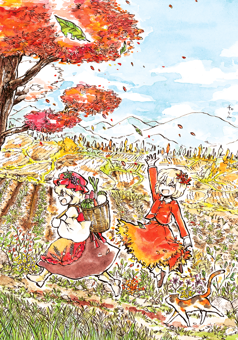 aki_minoriko aki_shizuha alternate_footwear basket blonde_hair blouse boots cabbage carrot carrying cat charin closed_eyes eyes_closed farm food fruit grapes happy hat jumping leaf leaf_on_head long_sleeves multiple_girls open_mouth red_eyes running shoes short_hair skirt skirt_set smile spring_onion touhou tree waving wide_sleeves