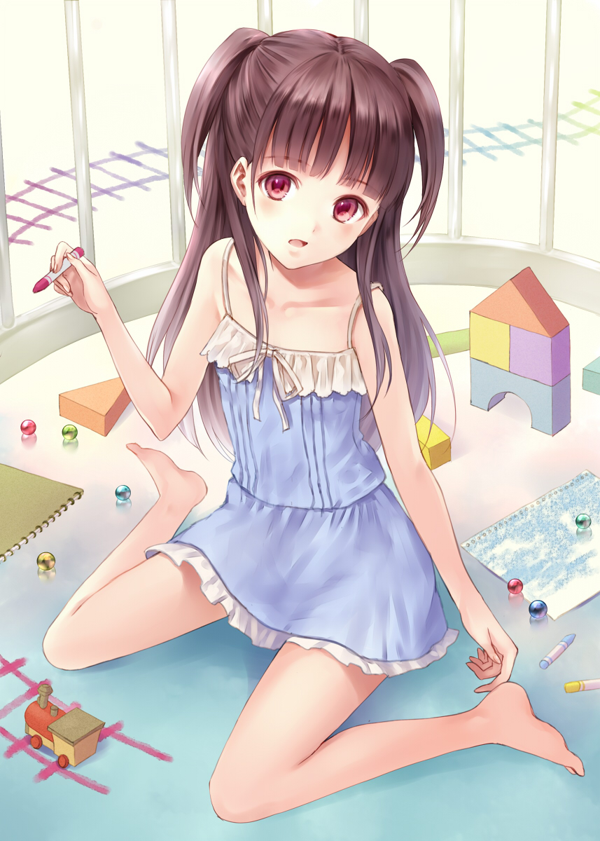 barefoot blush brown_hair building_block collarbone crayon feet flat_chest fukahire_sanba highres holding looking_at_viewer marble open_mouth original red_eyes sitting solo toy two_side_up wariza