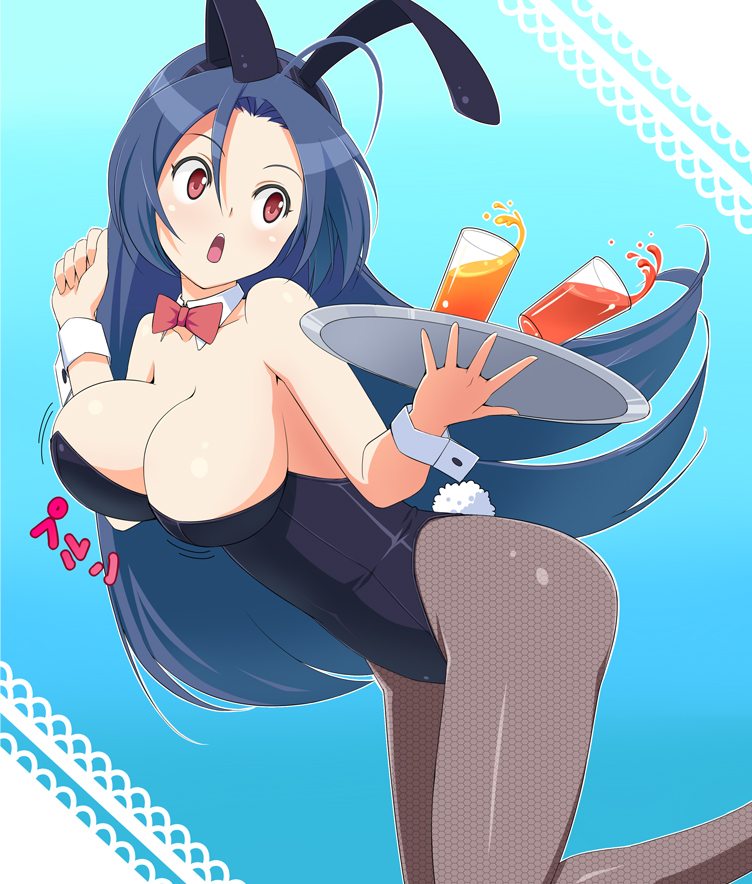 animal_ears blue_hair bowtie breasts bunny_ears bunny_girl bunny_tail bunnysuit cleavage collarbone detached_collar drink fake_animal_ears fishnet_pantyhose fishnets glass idolmaster juice long_hair miura_azusa open_mouth pantyhose rabbit_ears red_eyes shougi_(116) sleeveless solo spill tail tray wrist_cuffs