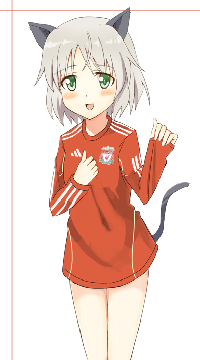 1966 adidas animal_ears blush cat_ears cat_tail glastonbury1966 green_eyes liverpool_fc no_pants open_mouth sanya_v_litvyak silver_hair solo strike_witches tail triple_vertical_stripe