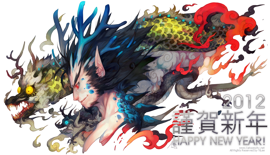 black_hair dragon fangs fantasy horns looking_down new_year original pointy_ears profile red_eyes simple_background smile spiked_hair spiky_hair yilee