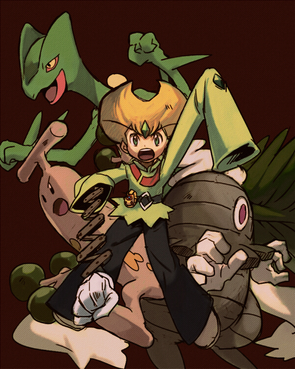 1boy aoki_(fumomo) blonde_hair child dusclops emerald_(pokemon) green_eyes open_mouth pointy_hair pokemon pokemon_special sceptile standing sudowoodo