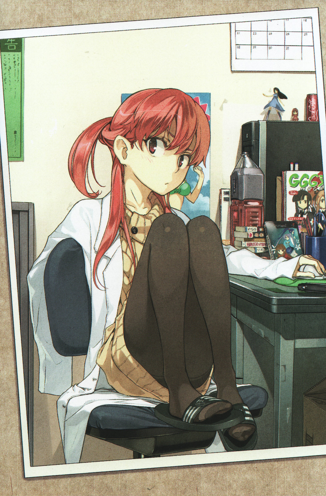 arm_up book bookmark border box calendar cardboard_box chair computer computer_mouse desk drink feet feet_on_chair figure hidari_(left_side) highres knees_up labcoat long_hair looking_at_viewer mousepad pantyhose photo_(object) poster_(object) red_eyes red_hair redhead sandals sasami-san@ganbaranai scan sitting solo sweater_dress yagami_tsurugi
