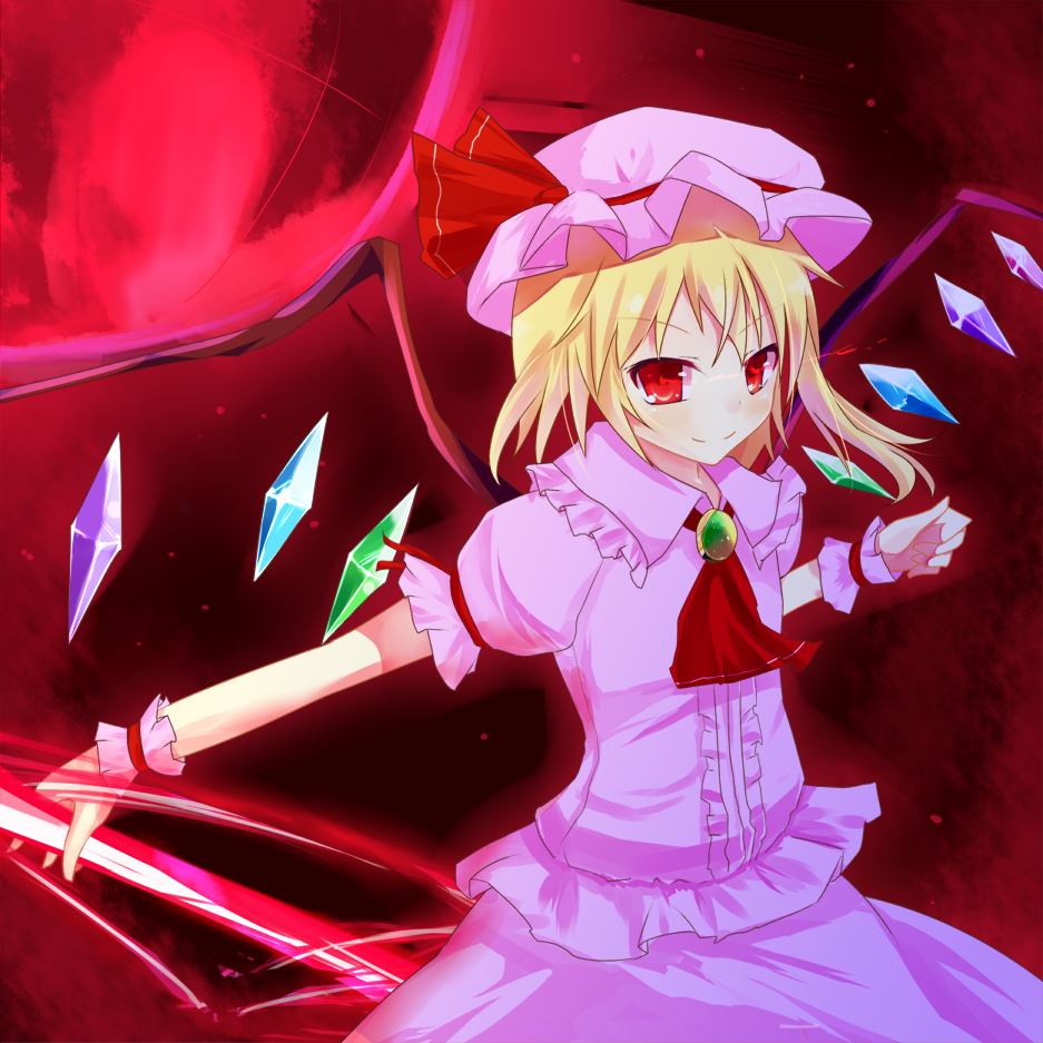 ascot blonde_hair cosplay crystal denu flandre_scarlet hat moon polearm puffy_sleeves red_moon remilia_scarlet remilia_scarlet_(cosplay) short_hair short_sleeves side_ponytail smile solo spear spear_the_gungnir touhou weapon wings wrist_cuffs