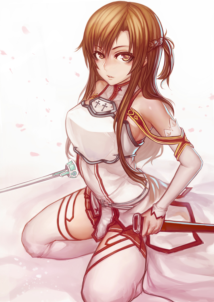 1girl arched_back asuna_(sao) bare_shoulders breastplate brown_eyes brown_hair detached_sleeves evan_yang halter_top halterneck kneeling long_hair parted_lips payot petals pleated_skirt rapier sheath skirt solo squatting sword sword_art_online thighhighs weapon white_legwear yuuki_asuna