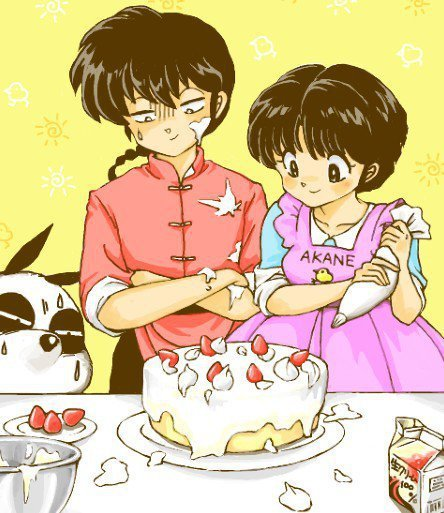 1boy 1girl age_difference apron baking black_hair braid cake carton chinese_clothes cream crossed_arms father_and_son food fruit messy nina panda ranma_1/2 saotome_genma saotome_ranma short_hair single_braid strawberry tangzhuang tendou_akane