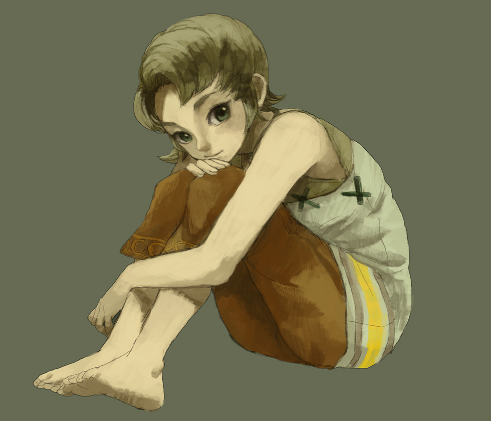 barefoot brown_hair capri_pants feet green_eyes ilia leg_hug nintendo penta5 short_hair simple_background sitting soles solo the_legend_of_zelda toes twilight_princess