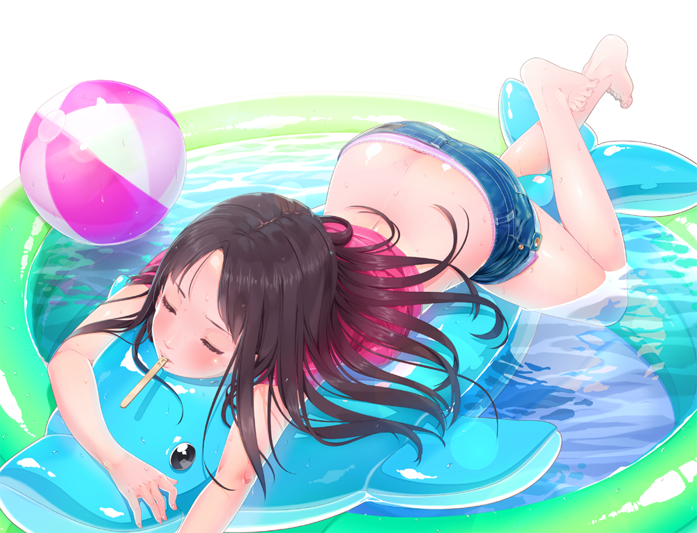 ama_mitsuki ass ball barefoot beachball blush brown_hair closed_eyes denim denim_shorts downpants eyes_closed feet inflatable_dolphin inflatable_raft long_hair lying mouth_hold on_stomach original panty_slip partially_submerged pool popsicle short_shorts shorts solo wading_pool water wet