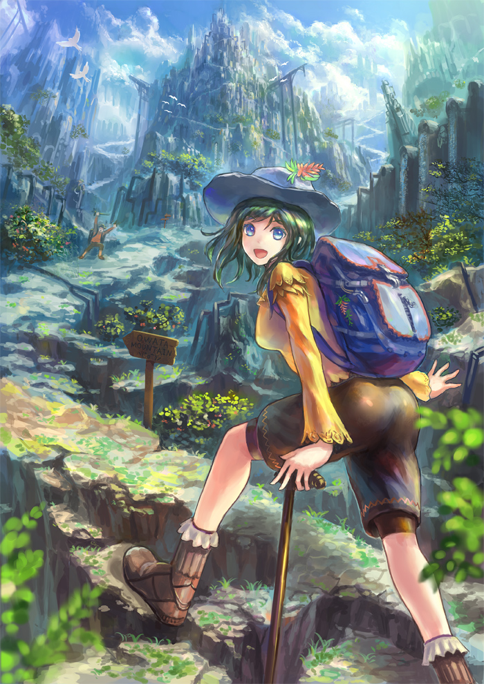 :d arms_up backpack bag bike_shorts bird blue_eyes boots bridge denki green_hair hat hiking looking_back mountain open_mouth original outstretched_arms path scenery shorts sign sky smile walking_stick