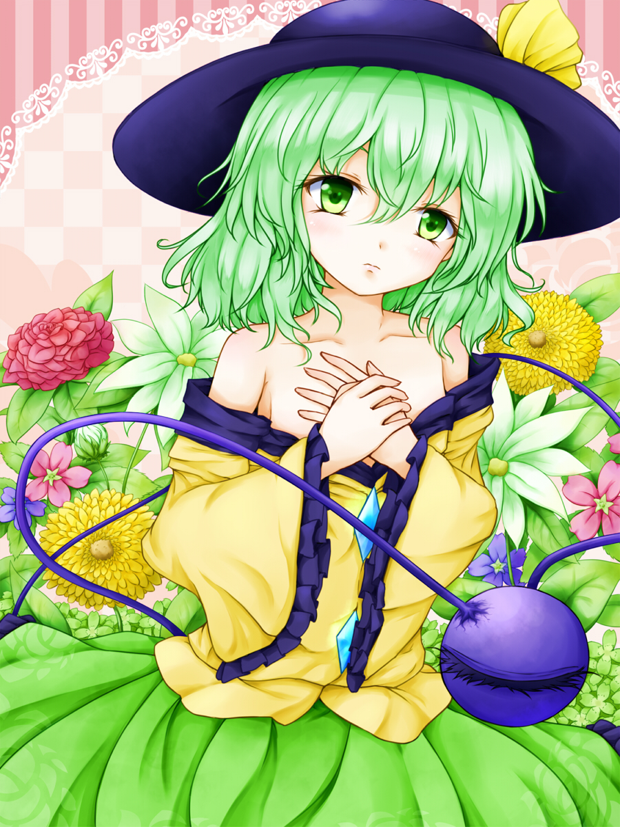 1girl bare_shoulders collarbone doily eyelashes floral_background flower_request frown green_eyes green_hair hands_on_own_chest hands_together hat hat_ribbon highres komeiji_koishi leaning_over looking_at_viewer neko_mata ribbon short_hair skirt solo striped striped_background third_eye touhou
