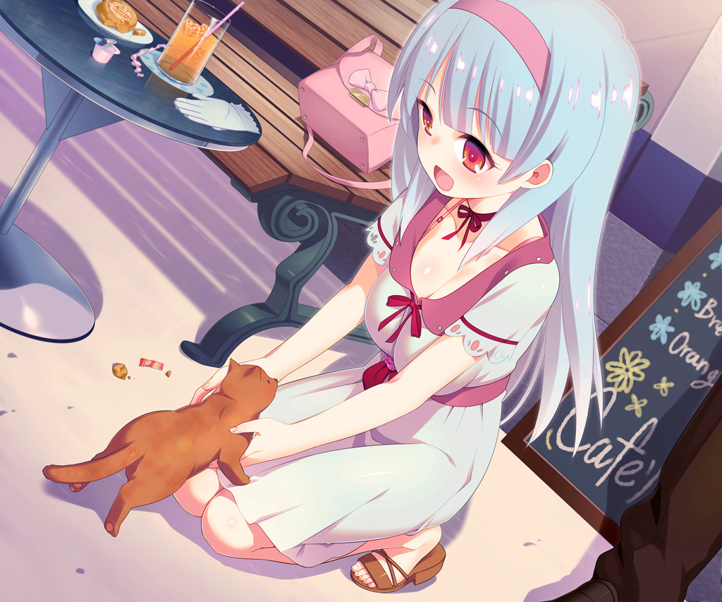:d animal bag bench blue_hair blush cat dress feet food glass gloves hairband long_hair open_mouth original plate red_eyes ribbon_choker sign smile solo squatting toes zpolice
