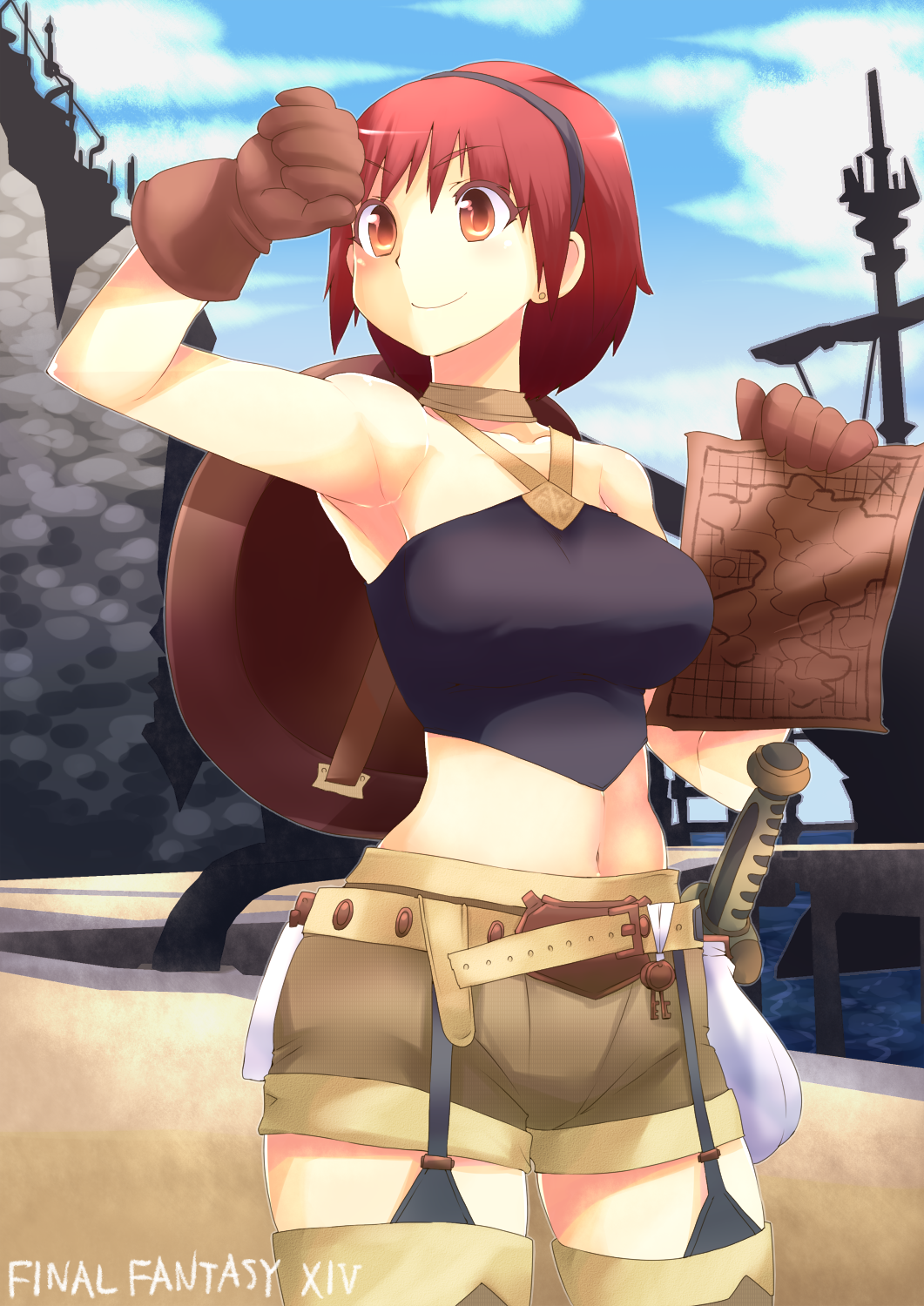 angelo gloves hairband red_eyes redhead short_hair shorts sky smile sword thigh_highs water