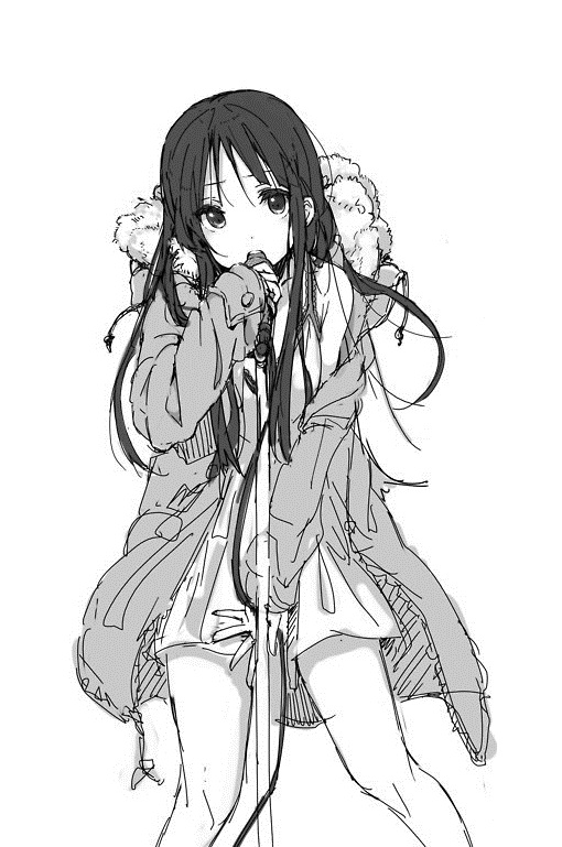 akiyama_mio alternate_hairstyle black_eyes black_hair blush face hime_cut k-on! k-on!_movie lips long_hair looking_at_viewer microphone monochrome open_mouth simple_background singing! singing!! solo very_long_hair white_background