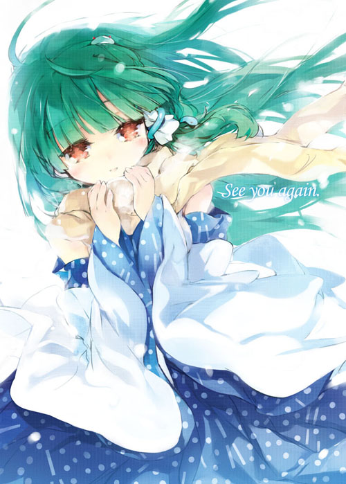 brown_eyes cropped detached_sleeves frog_hair_ornament green_hair hair_ornament hair_tubes kochiya_sanae kurudaz long_hair scarf snake_hair_ornament solo touhou wide_sleeves