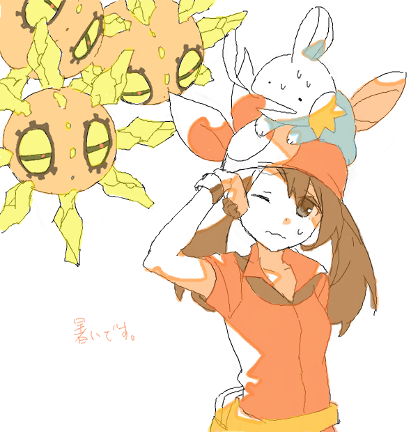 1girl bandana bandanna brown_eyes brown_hair drawr gloves haruka_(pokemon) hot mudkip pokemon pokemon_(creature) pokemon_(game) pokemon_rse shouji_ni_nanshi simple_background solrock sweatdrop