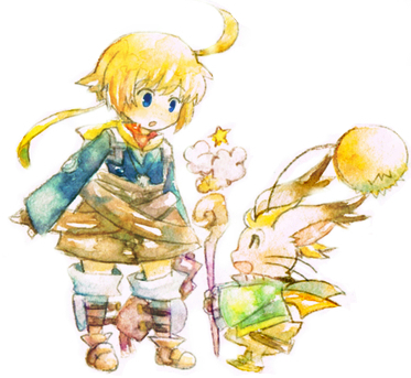 ahoge ami animal_ears blonde_hair blue_hair boots bunny_ears final_fantasy final_fantasy_tactics_advance height_difference lowres magic marche_radiuju montblanc open_mouth rabbit_ears rod shorts simple_background smile