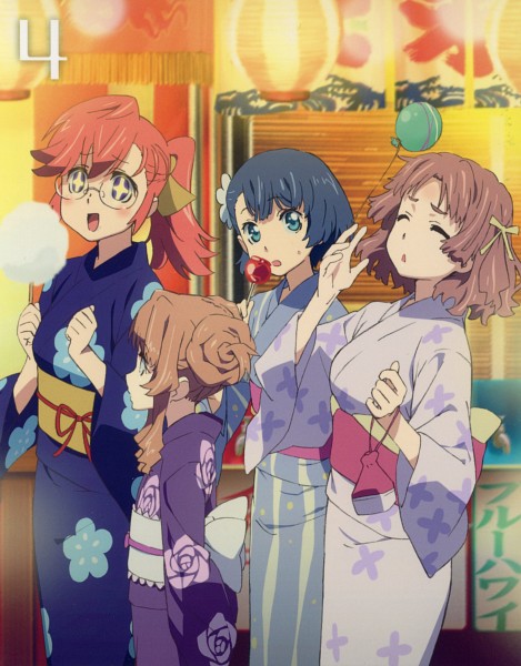 +_+ 4girls alternate_hairstyle ano_natsu_de_matteru bag balloon blue_eyes blue_hair brown_hair candy_apple closed_eyes cotton_candy eyes_closed festival glasses hair_bun japanese_clothes kimono kitahara_mio multiple_girls ponytail red_hair redhead short_hair takatsuki_ichika tanigawa_kanna yamano_remon yukata