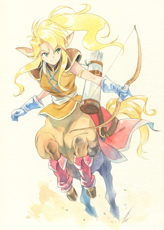 agahari animal_ears arrow blonde_hair bow_(weapon) centaur gloves green_eyes holding long_hair looking_at_viewer matilda_(shining_force_2) matilda_(shining_force_ii) monster_girl pointy_ears quiver shining_(series) shining_force_2 shining_force_ii side_ponytail smile solo traditional_media weapon white_background