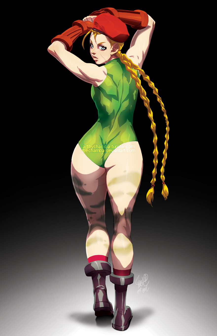 ahoge ass bare_legs beret blonde_hair blue_eyes bodypaint boots braid cammy_white combat_boots elbow_gloves fingerless_gloves from_behind gloves hat highres jeffrey_cruz leotard long_hair looking_at_viewer looking_back muscle scar socks solo street_fighter twin_braids very_long_hair watermark