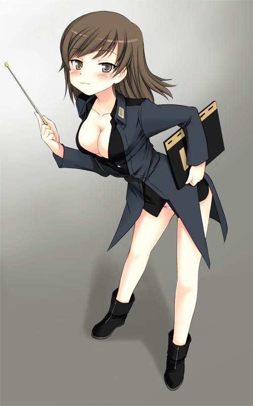 boots breasts brown_eyes brown_hair cleavage johanna_wiese military military_uniform mirutsu_(milts) notebook open_clothes panties pointer solo strike_witches underwear uniform