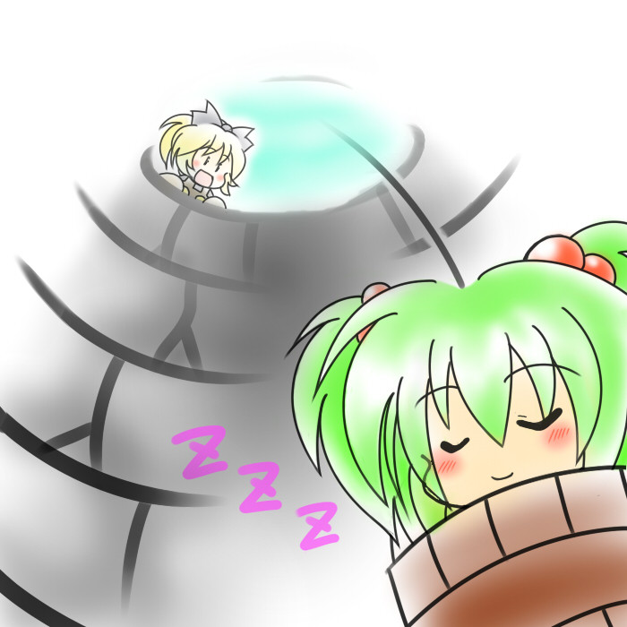 blonde_hair blush bow bucket closed_eyes eyes_closed hair_bobbles hair_bow hair_ornament in_bucket in_container kisume kurodani_yamame multiple_girls open_mouth ruto5102 short_hair sleeping touhou twintails well