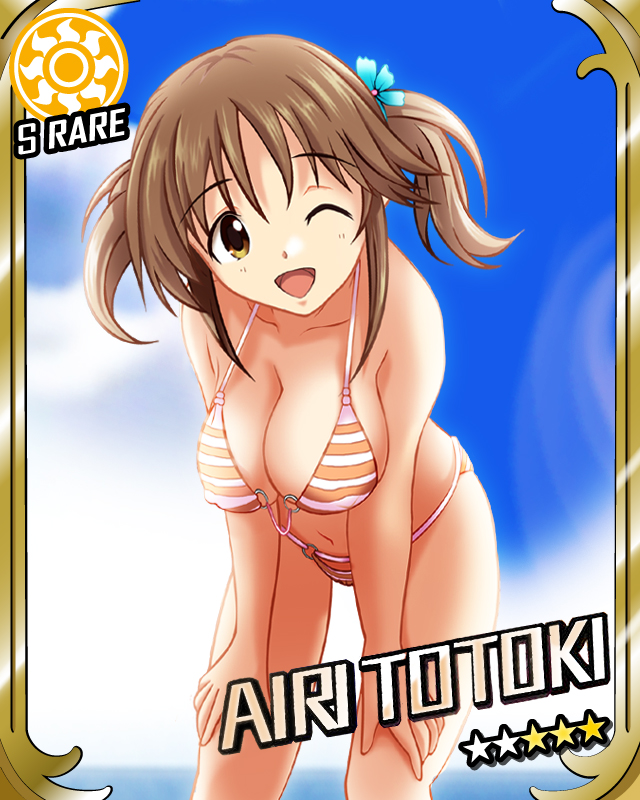 bent_over bikini blackjunk breasts brown_eyes brown_hair cleavage erect_nipples flower hair_flower hair_ornament idolmaster idolmaster_cinderella_girls large_breasts long_hair looking_at_viewer o-ring_top open_mouth smile striped striped_bikini striped_swimsuit sun_(symbol) swimsuit totoki_airi twintails wink