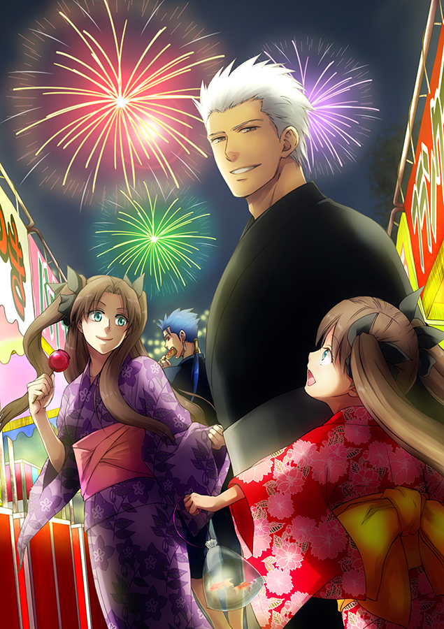 2girls archer blue_eyes blue_hair brown_hair candy_apple child dark_skin dual_persona fate/stay_night fate/zero fate_(series) fireworks hair_ribbon japanese_clothes kimono lancer long_hair m3o2nfu73 multiple_boys multiple_girls ponytail ribbon teenage time_paradox tohsaka_rin toosaka_rin twintails two_side_up young