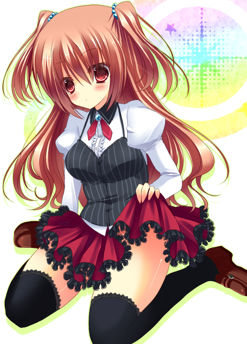 arm_support black_legwear blush breasts brown_hair corset hair_bobbles hair_ornament kneeling long_hair mound_of_venus neon_ui no_panties original red_eyes shirt skirt skirt_lift solo thigh-highs thighhighs twintails two_side_up ui1031