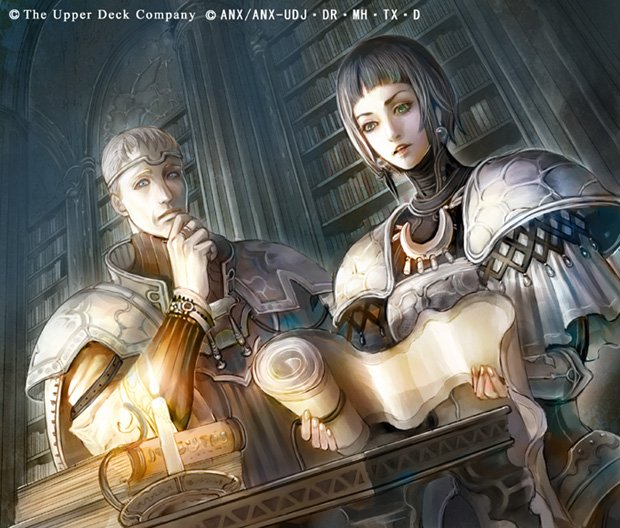 1girl armor bob_cut book bookshelf candle character_request copyright_notice copyright_request dutch_angle earrings from_below green_eyes jewelry library ring scroll silver_hair usuda_hiro watermark