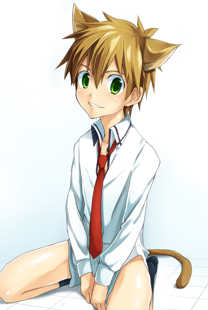 1boy animal_ears bottomless brown_hair cat_boy cat_ears catboy green_eyes kyouta_(a01891226) naked_shirt necktie original shirt shota smile socks tie