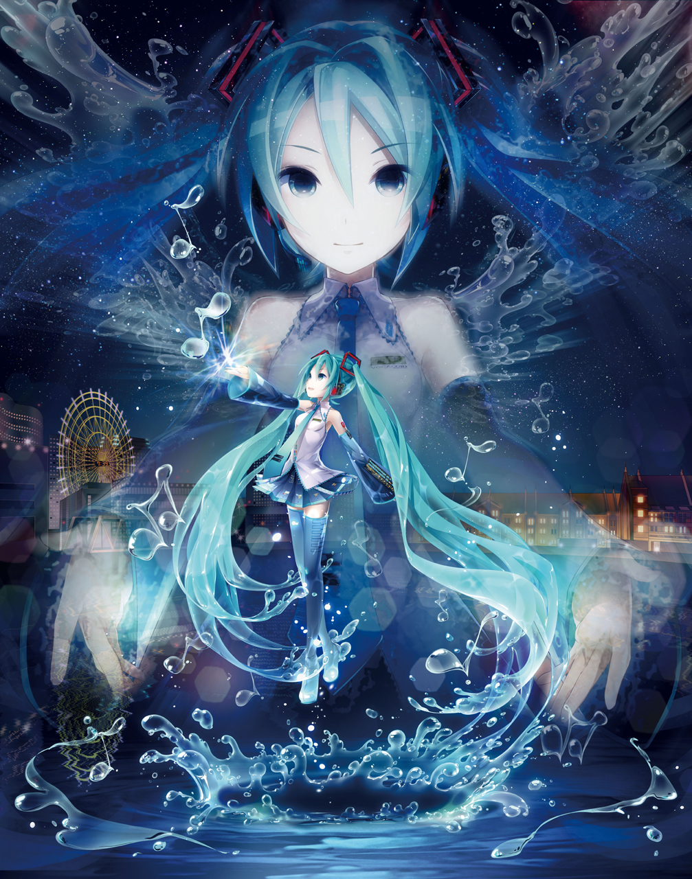 absurdly_long_hair aqua_eyes aqua_hair artist_request detached_sleeves diva hair_ornament hatsune_miku headset highres long_hair looking_at_viewer miku miniskirt musical_note original playstation_vita project_diva psvita scene skirt sky sleeveless sleeveless_shirt smile solo star_(sky) starry_sky thighhighs twintails very_long_hair vocaloid water