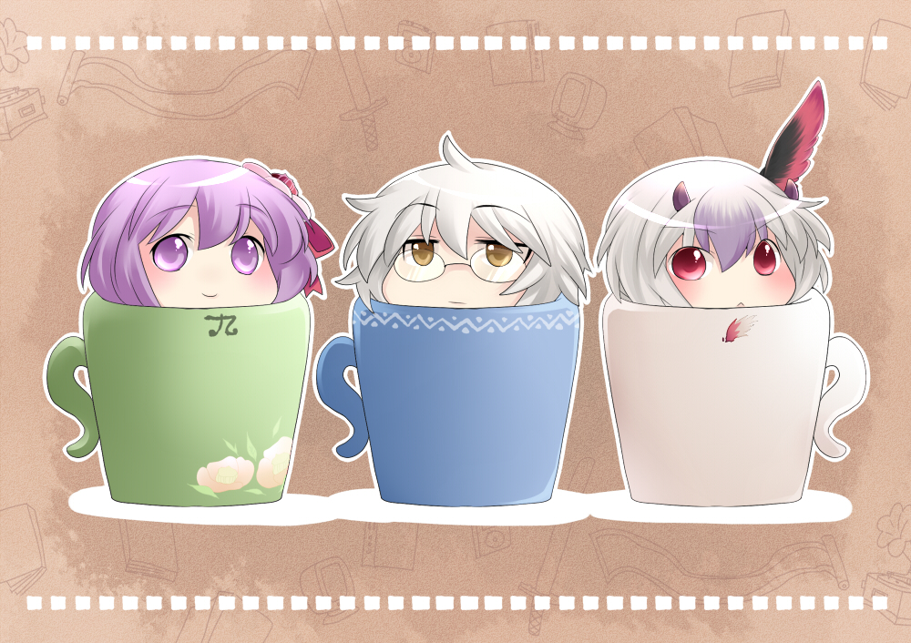 2girls :&lt; aenobas blush brown_eyes brown_hair chibi cup glasses hammer_(sunset_beach) hieda_no_akyuu in_container in_cup morichika_rinnosuke multiple_girls purple_eyes purple_hair red_eyes short_hair silver_hair smile tokiko_(touhou) touhou violet_eyes