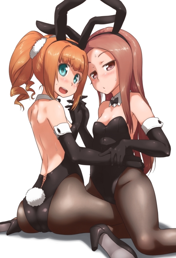:d animal_ears aqua_eyes ass bare_back bare_shoulders blush bowtie brown_hair bunny_ears bunny_tail bunnysuit elbow_gloves fishnet_pantyhose fishnets gloves hairband high_heels idolmaster interlocked_fingers looking_at_viewer looking_back minase_iori multiple_girls open_mouth pantyhose rabbit_ears shoes simple_background sitting smile sweat tail takatsuki_yayoi ttomm twintails wariza white_background