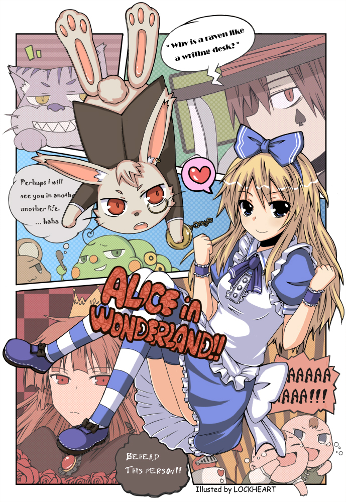 alice_in_wonderland bow cheshire_cat english hair_bow heart laughing long_hair looking_at_viewer mad_hatter queen_of_hearts red_eyes rock_heart smile spoken_heart striped striped_legwear tears thigh-highs thighhighs tweedledee tweedledum white_rabbit