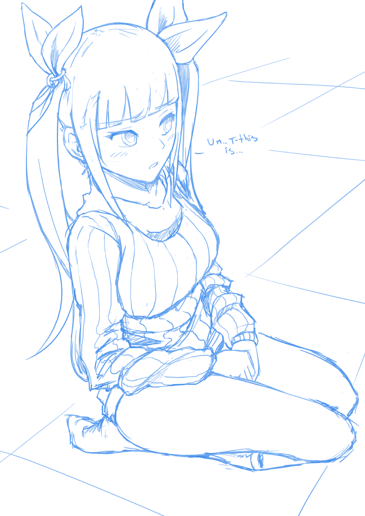 breasts character_request conception:_ore_no_kodomo_wo_undekure! conception_ore_no_kodomo_wo_undekure! embarrassed english hair_ribbon maydrawfag monochrome no_pants ribbed_sweater ribbon seiza sitting socks solo sweater twintails