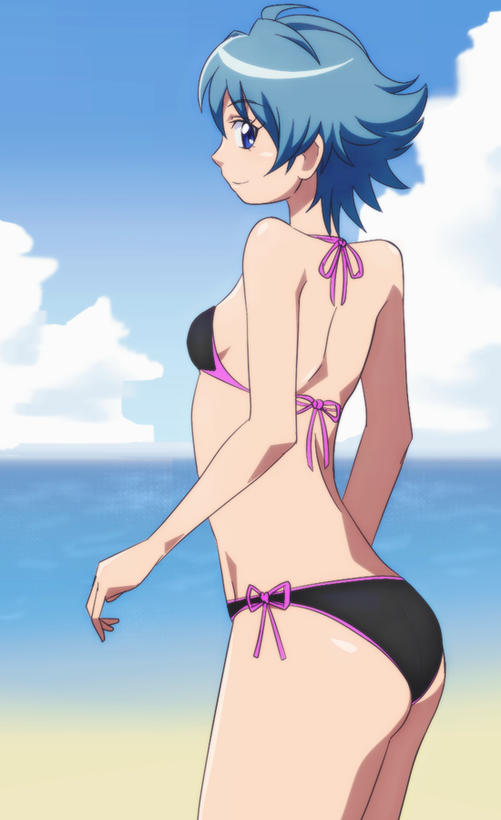 ass bikini blue_eyes blue_hair female from_behind manji_(tenketsu) nishijima_waon precure short_hair smile_precure! solo suite_precure swimsuit tenketu